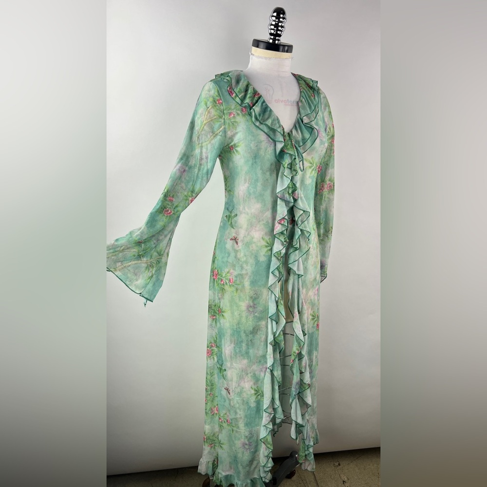 451B-GREEN. Floral Long Mesh Ruffled Cardigan - Picture 2 of 11